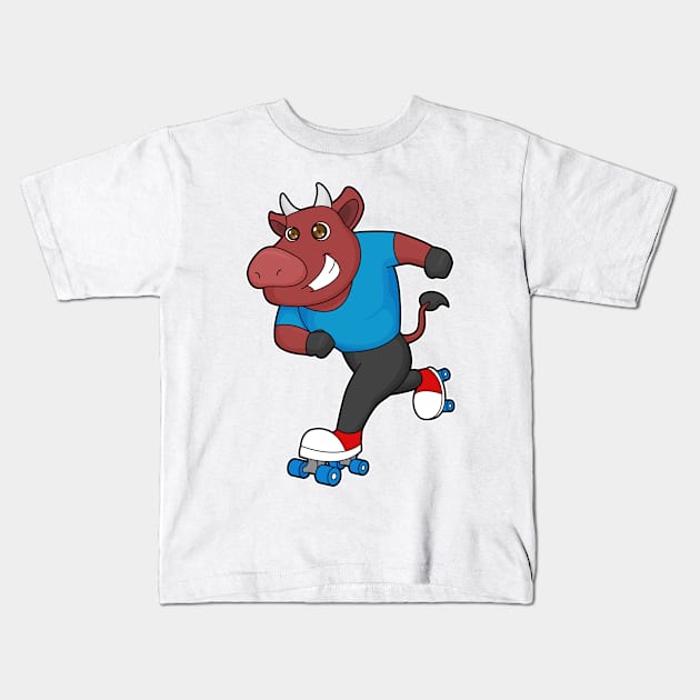 Bull at Inline skating with Roller skates Kids T-Shirt by Markus Schnabel